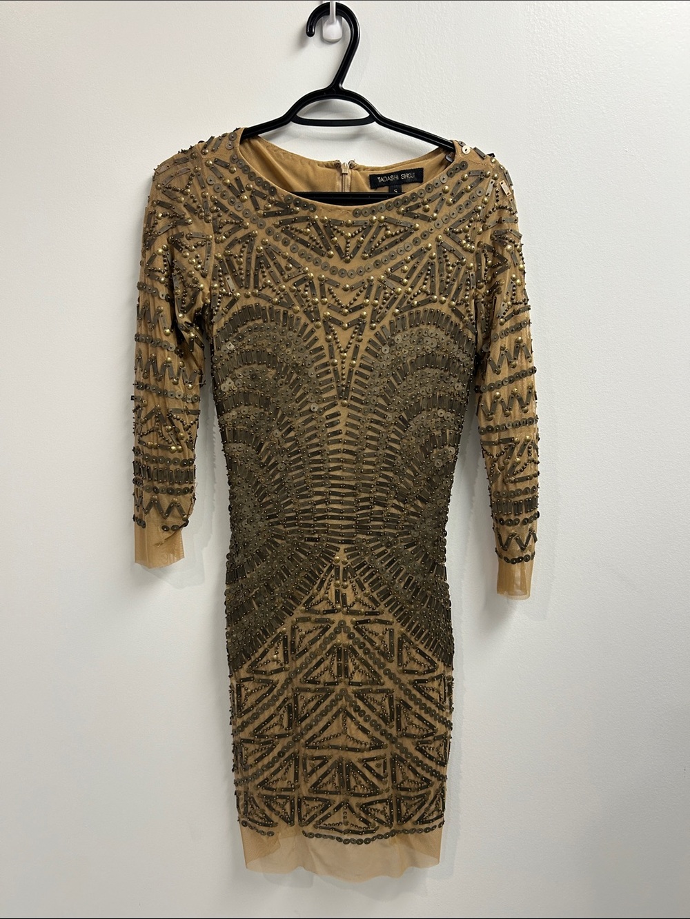 Tadashi Shoji Gold Beaded Long Sleeve Sheath Dress